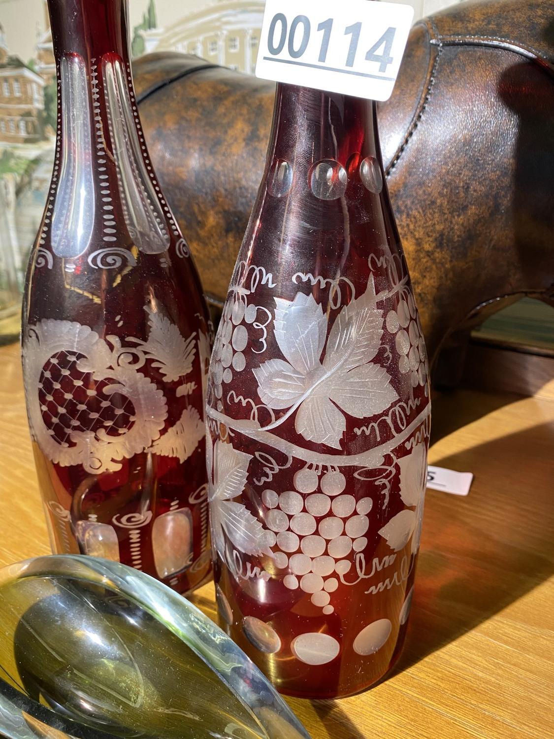 2 Bohemian Glass Ruby Cut to Clear Decanters