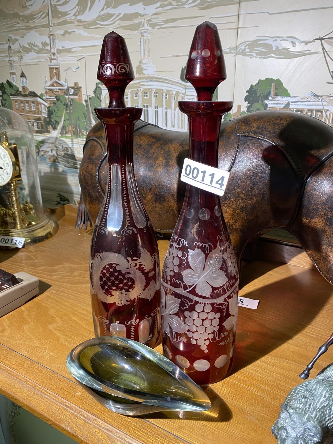 2 Bohemian Glass Ruby Cut to Clear Decanters