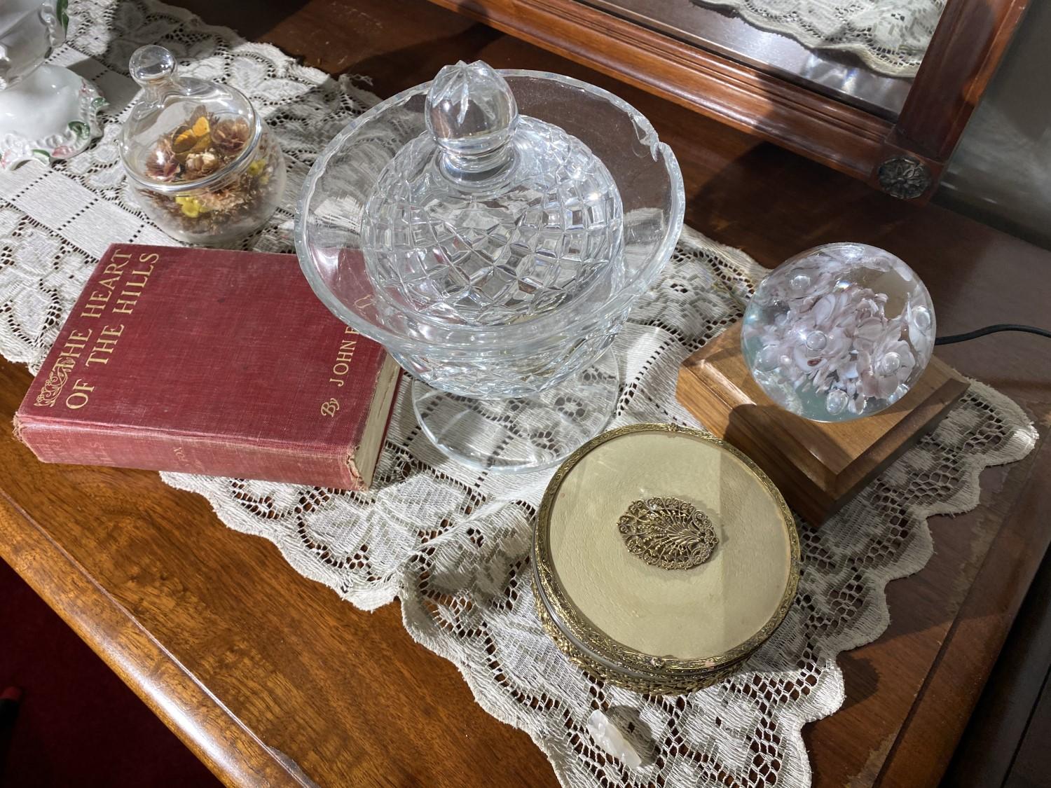 Items on bureau including elaborate mirror on stand