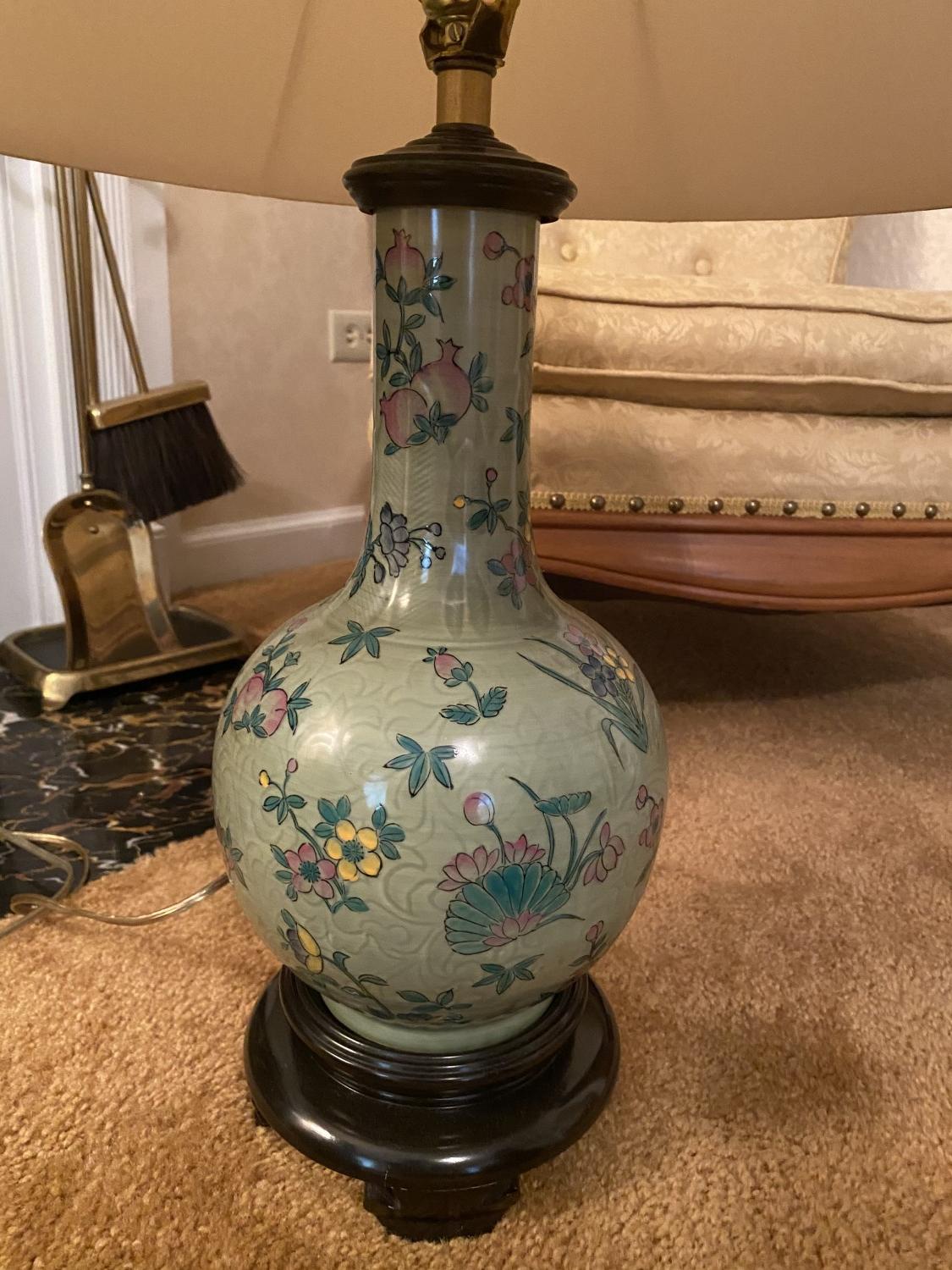 Chinese green celadon lamp with floral decorations