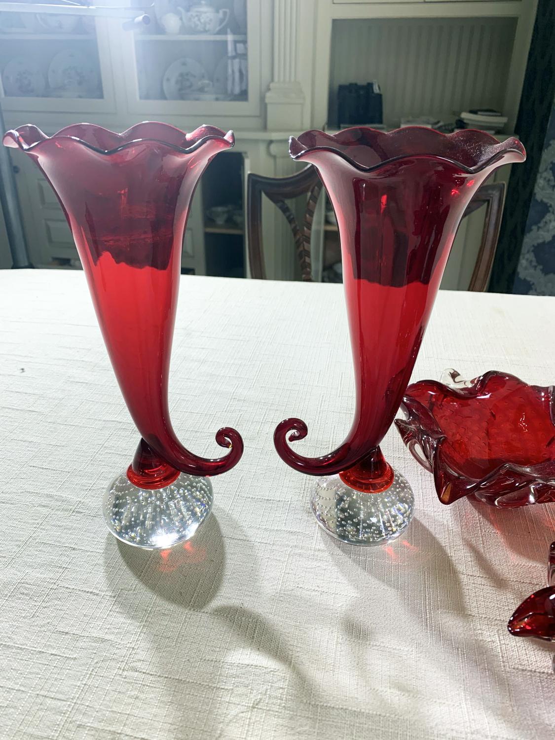 Group lot of ruby red, controlled bubble glass pieces