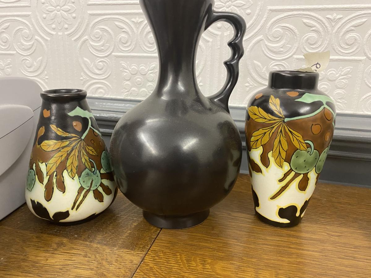 Royal Gouda style Art Nouveau decorated Holland vases, pitcher lot