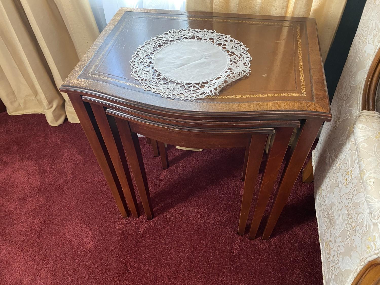 2 Sets of vintage nesting tables with leather tops