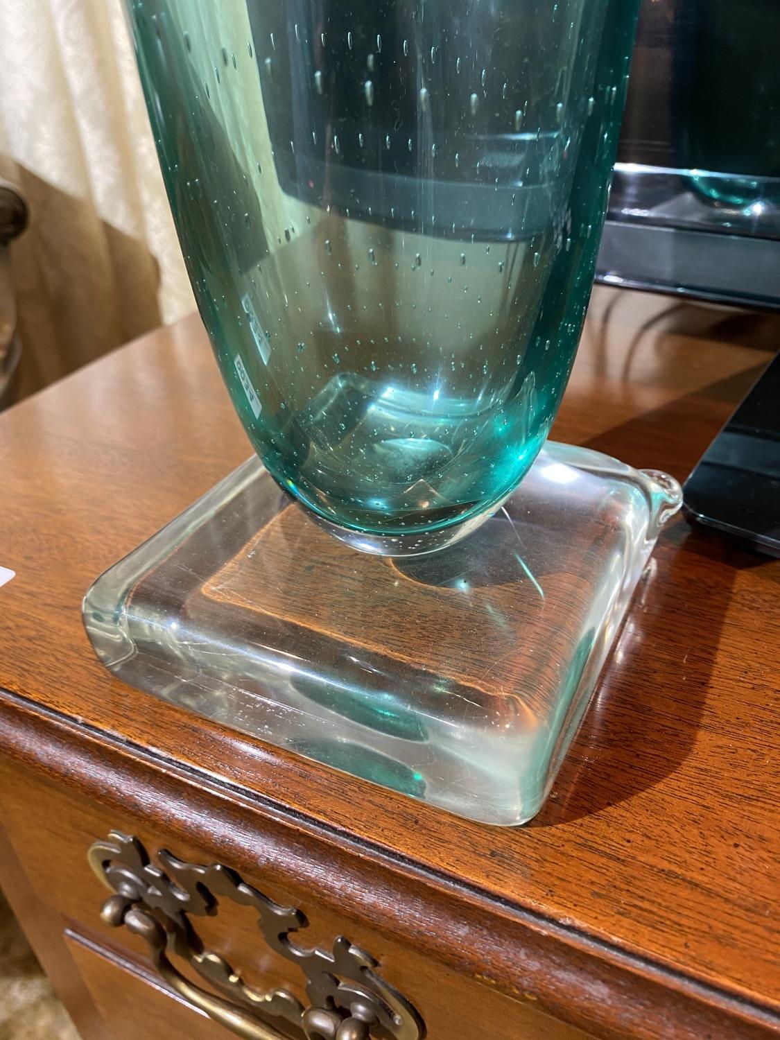 Large unusual controlled bubble blue-green vase