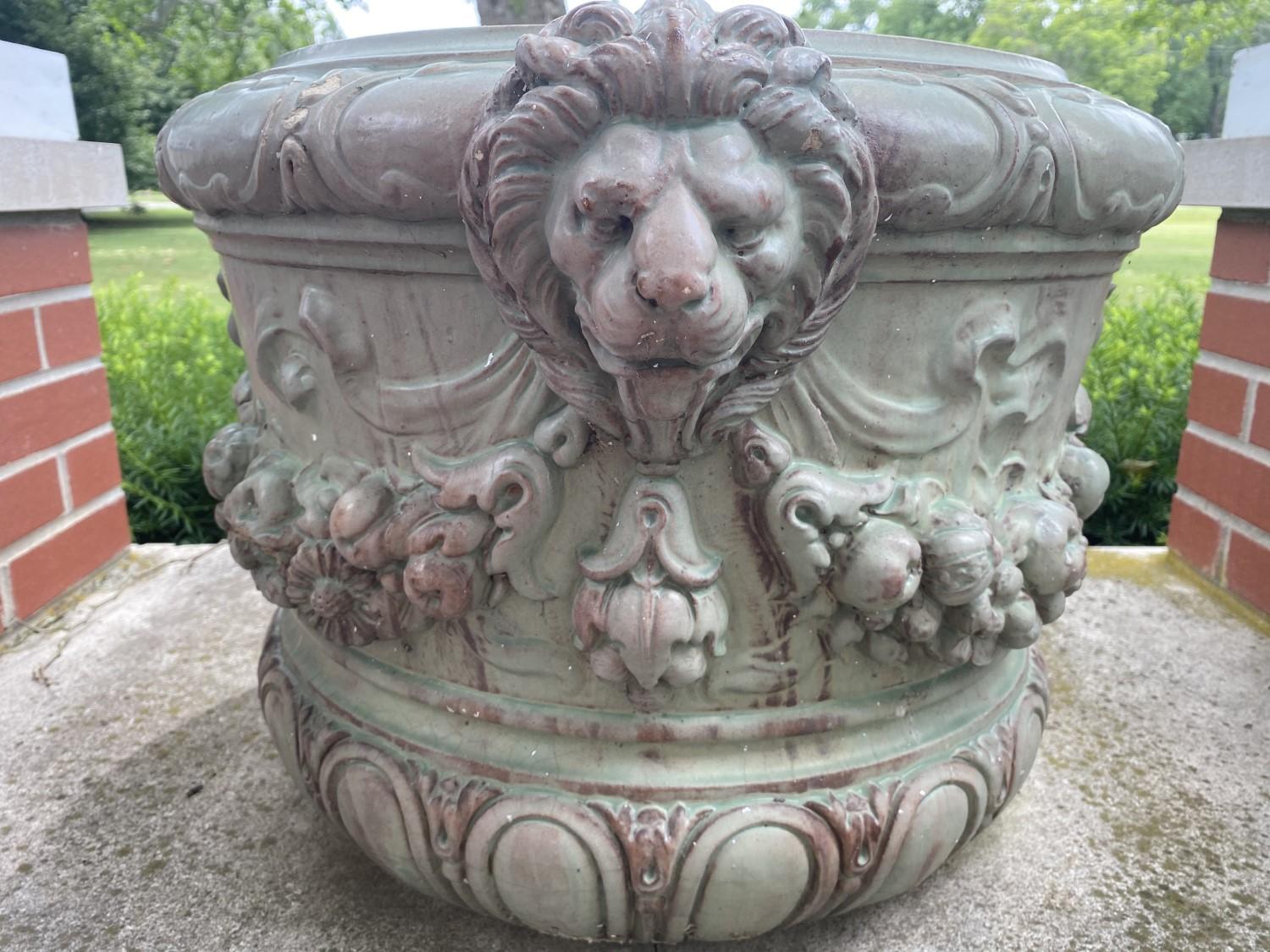 3 Terracotta Lion Head Planters c. 1930s