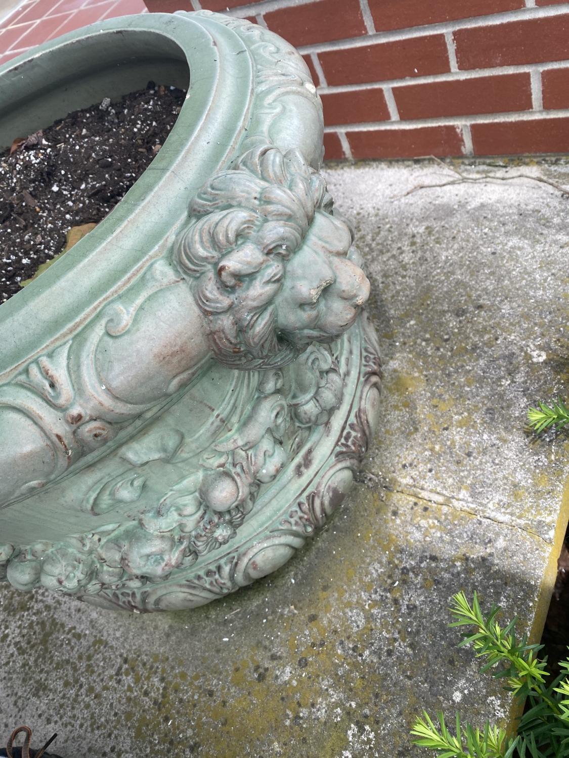 3 Terracotta Lion Head Planters c. 1930s