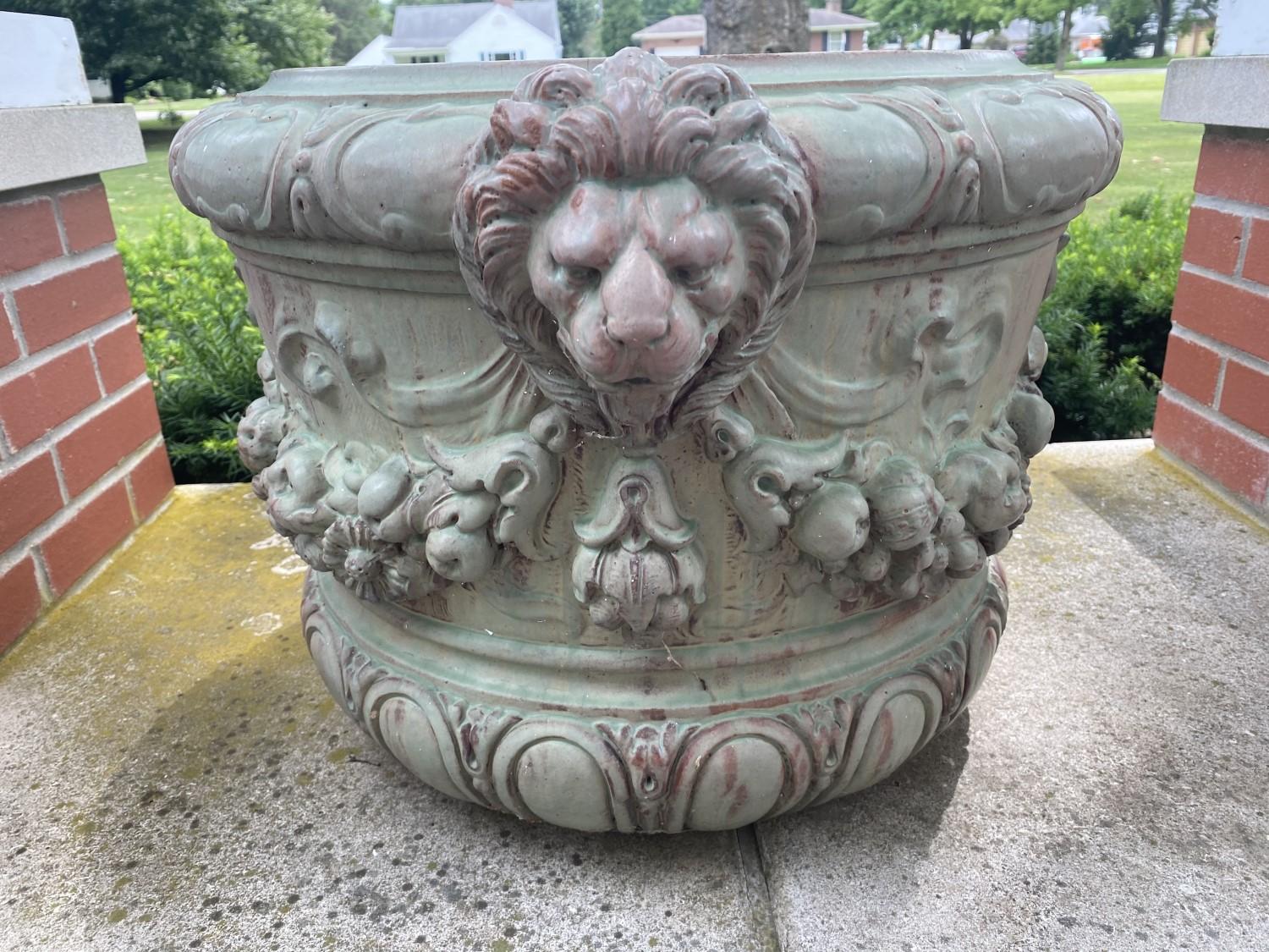 3 Terracotta Lion Head Planters c. 1930s