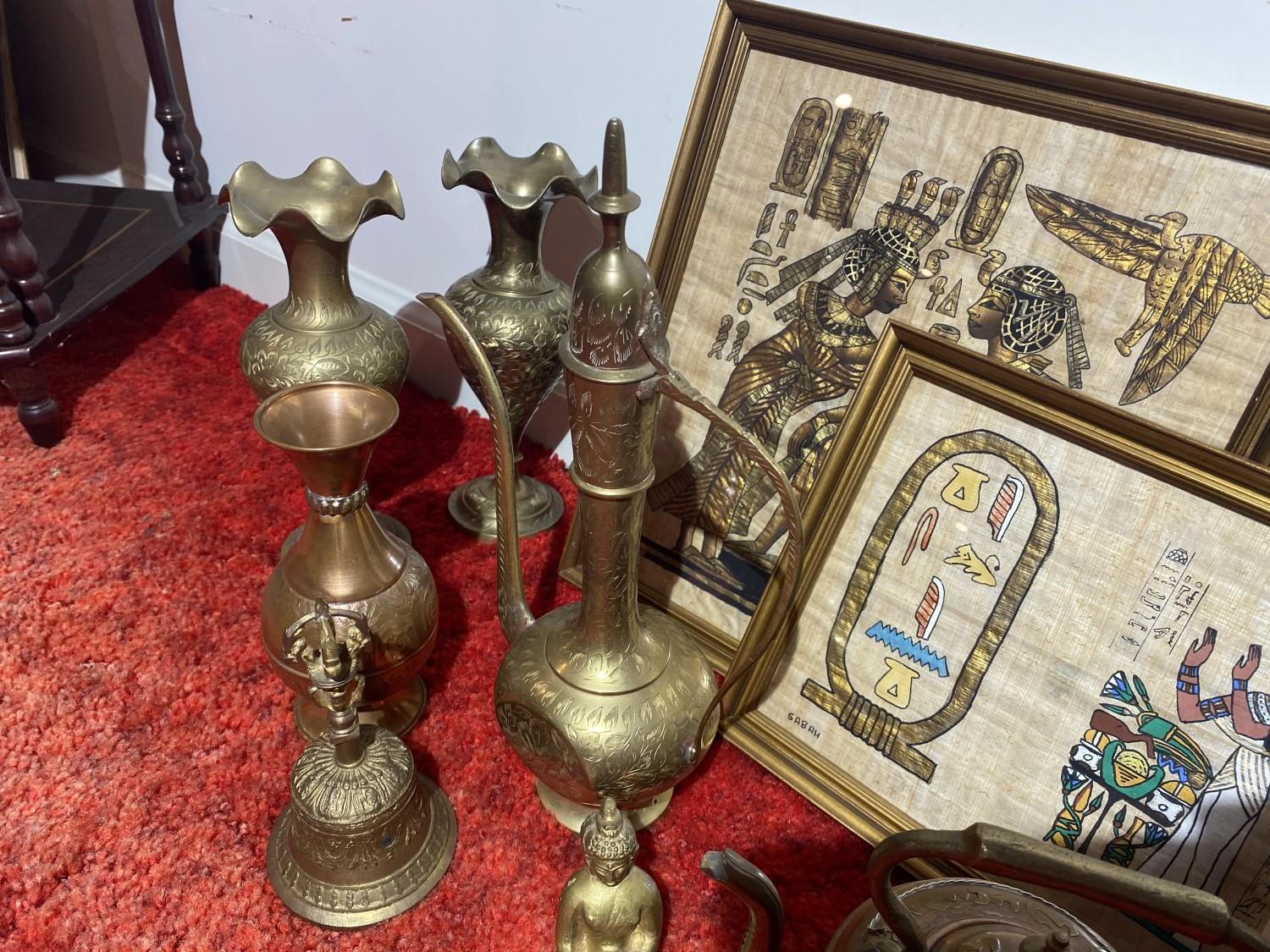 Group of brass vessels, Buddha, framed Papyrus etc