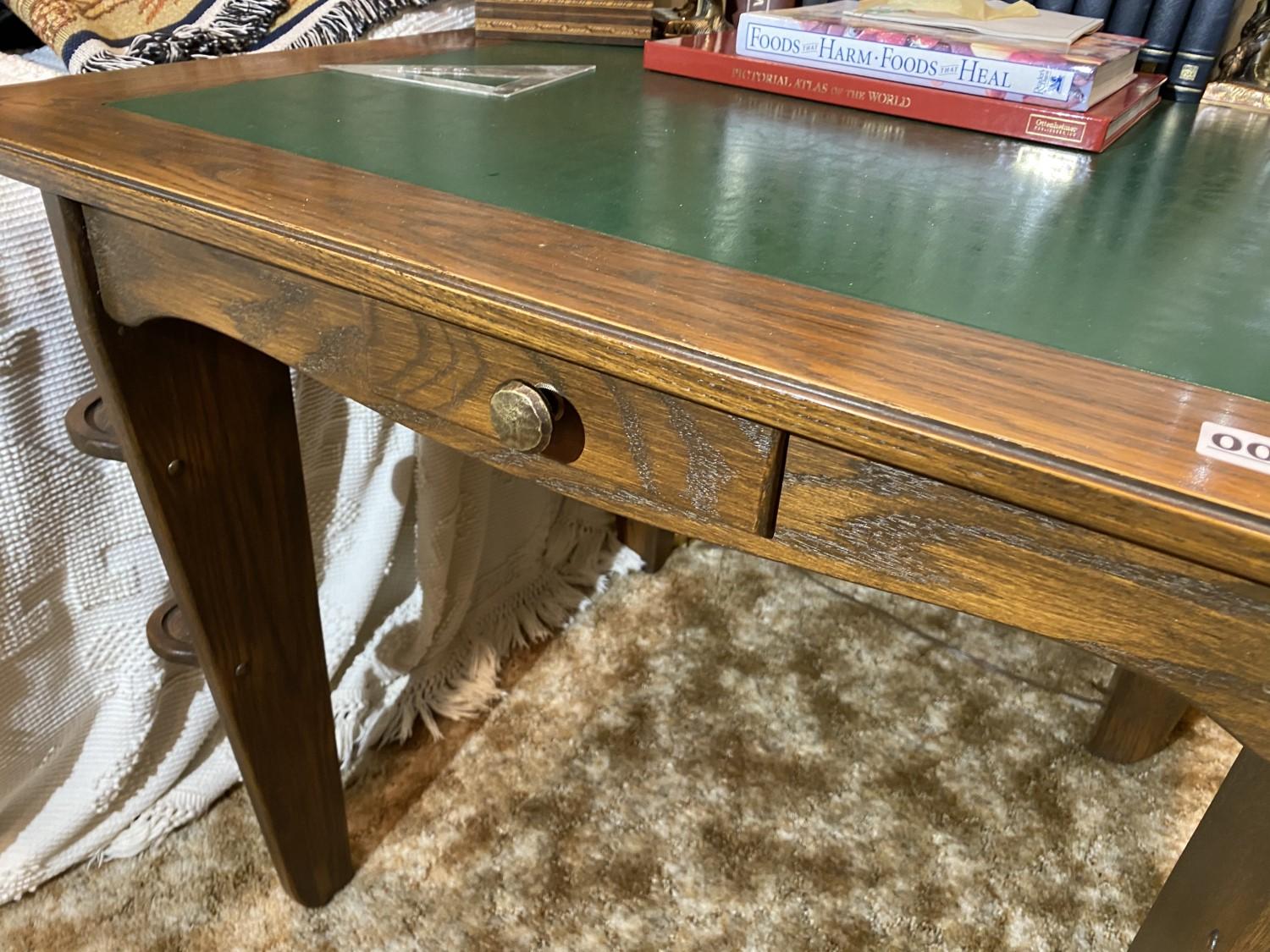 Antique Table w/Green Leather Top, Carvings
