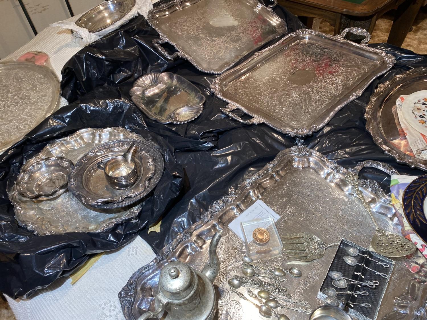 Large assortment of silverplate trays and more