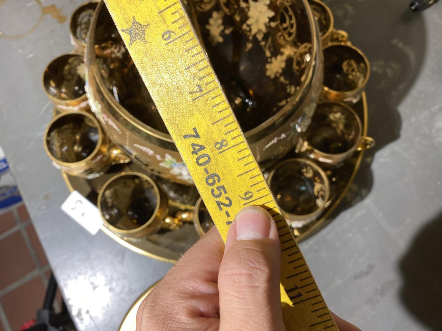 Large Bohemian Glass, gilt and hand painted antique punch bowl, cups