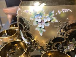 Large Bohemian Glass, gilt and hand painted antique punch bowl, cups