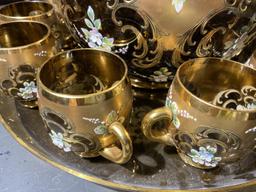 Large Bohemian Glass, gilt and hand painted antique punch bowl, cups