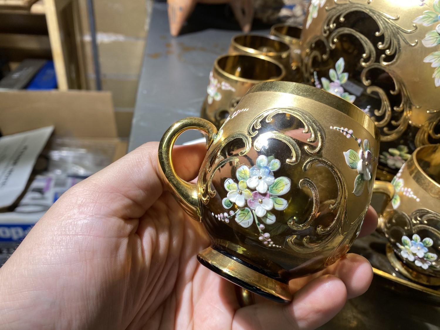 Large Bohemian Glass, gilt and hand painted antique punch bowl, cups