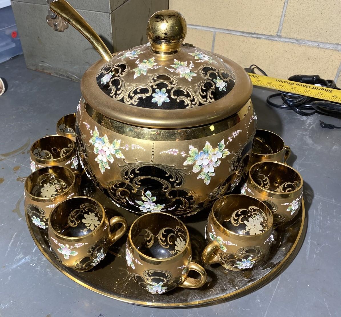 Large Bohemian Glass, gilt and hand painted antique punch bowl, cups