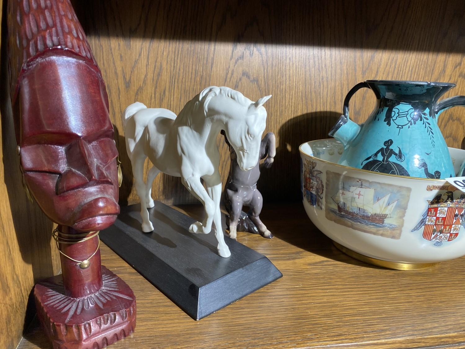 English Ceramic Horses, Columbus Bowl, Carved figures etc