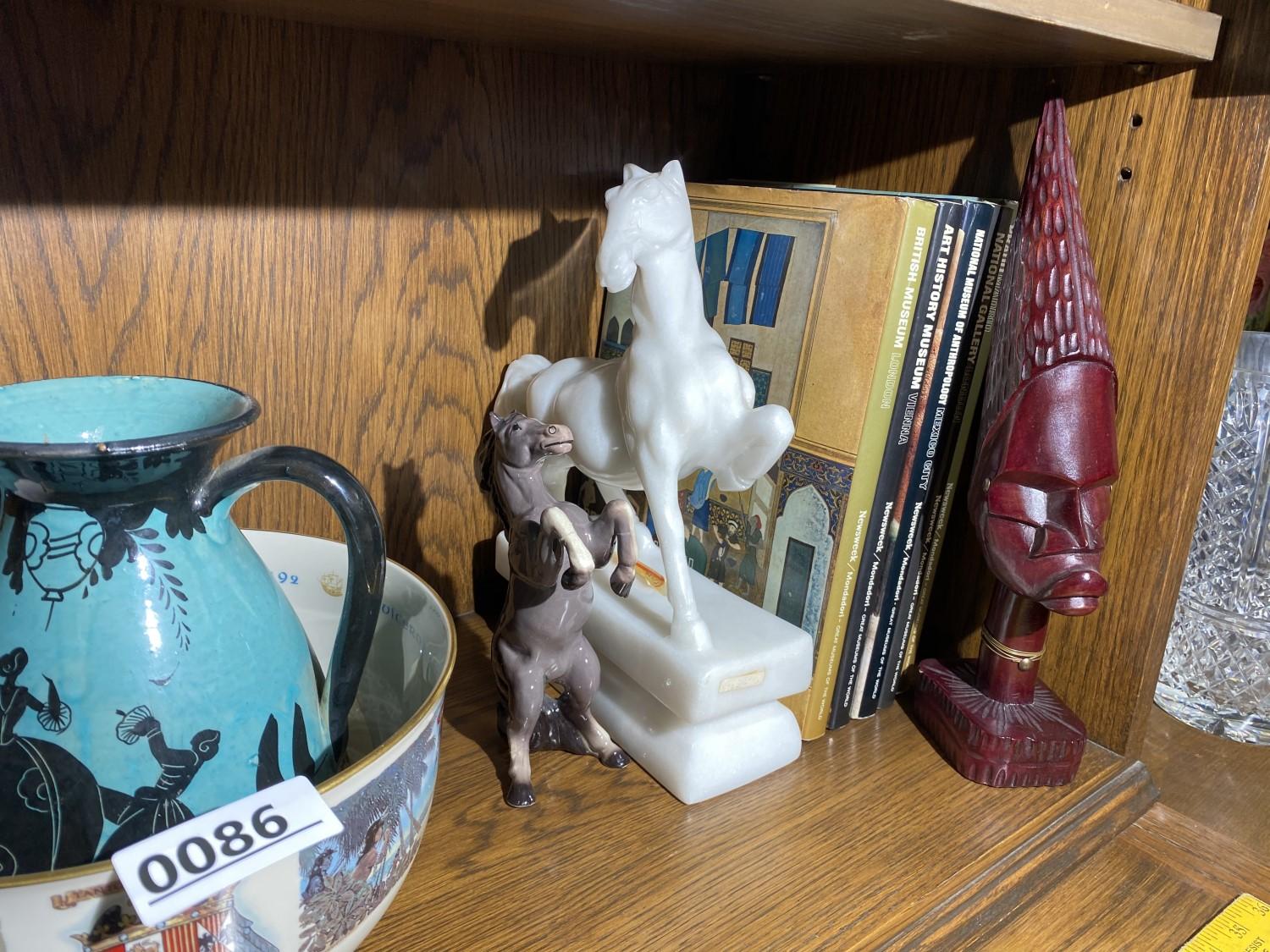 English Ceramic Horses, Columbus Bowl, Carved figures etc