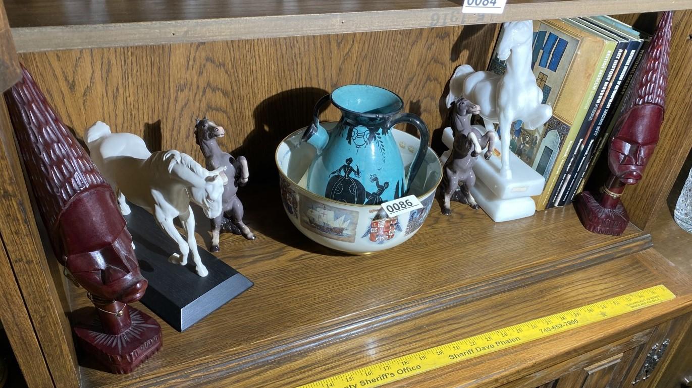 English Ceramic Horses, Columbus Bowl, Carved figures etc