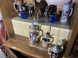 Group lot of assorted Carved elephants, Steins