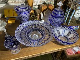 Group Lot of Blue Cut Crystal Antique Bohemian Glass