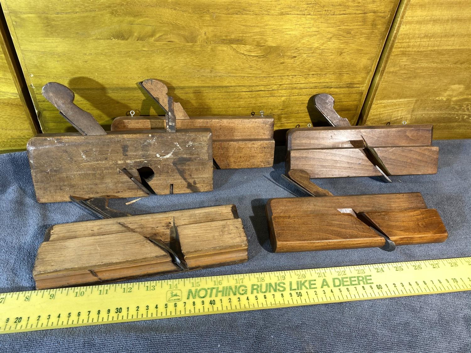 Group of 5 Antique Wooden  Moulding Planes with Blades