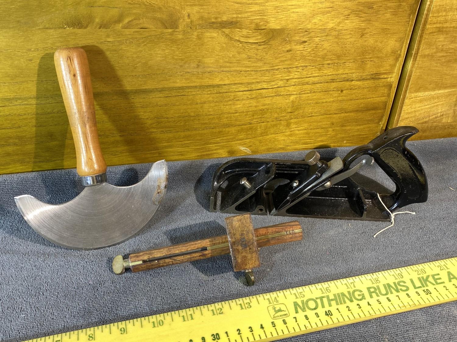 Antique Tools Lot - Plane, Panel Gauge, Scraper