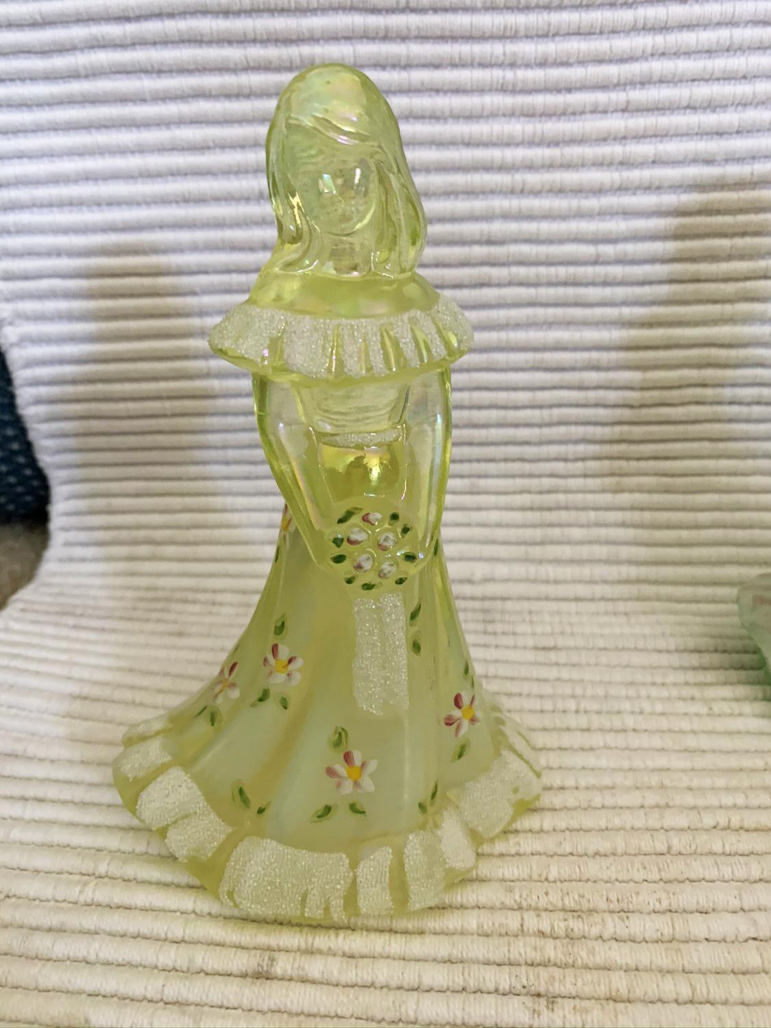 2 Fenton Glass Flower Girls, Hand Painted, 8"Tall (Green and Yellow)