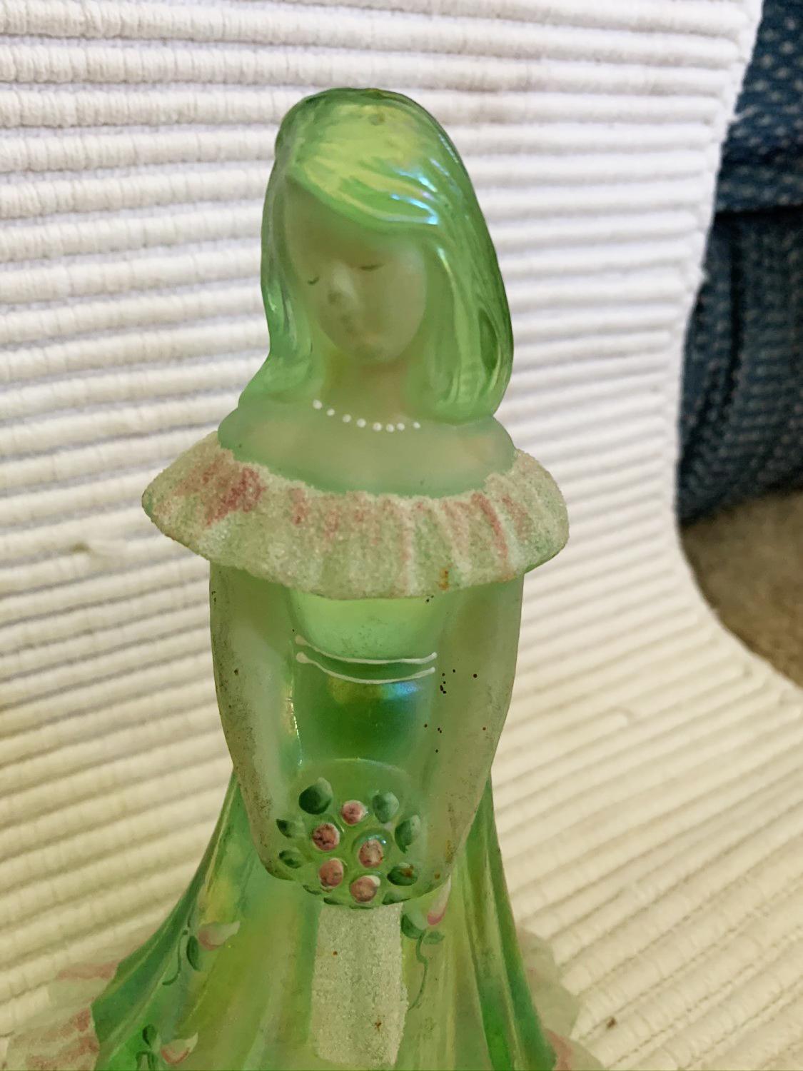 2 Fenton Glass Flower Girls, Hand Painted, 8"Tall (Green and Yellow)