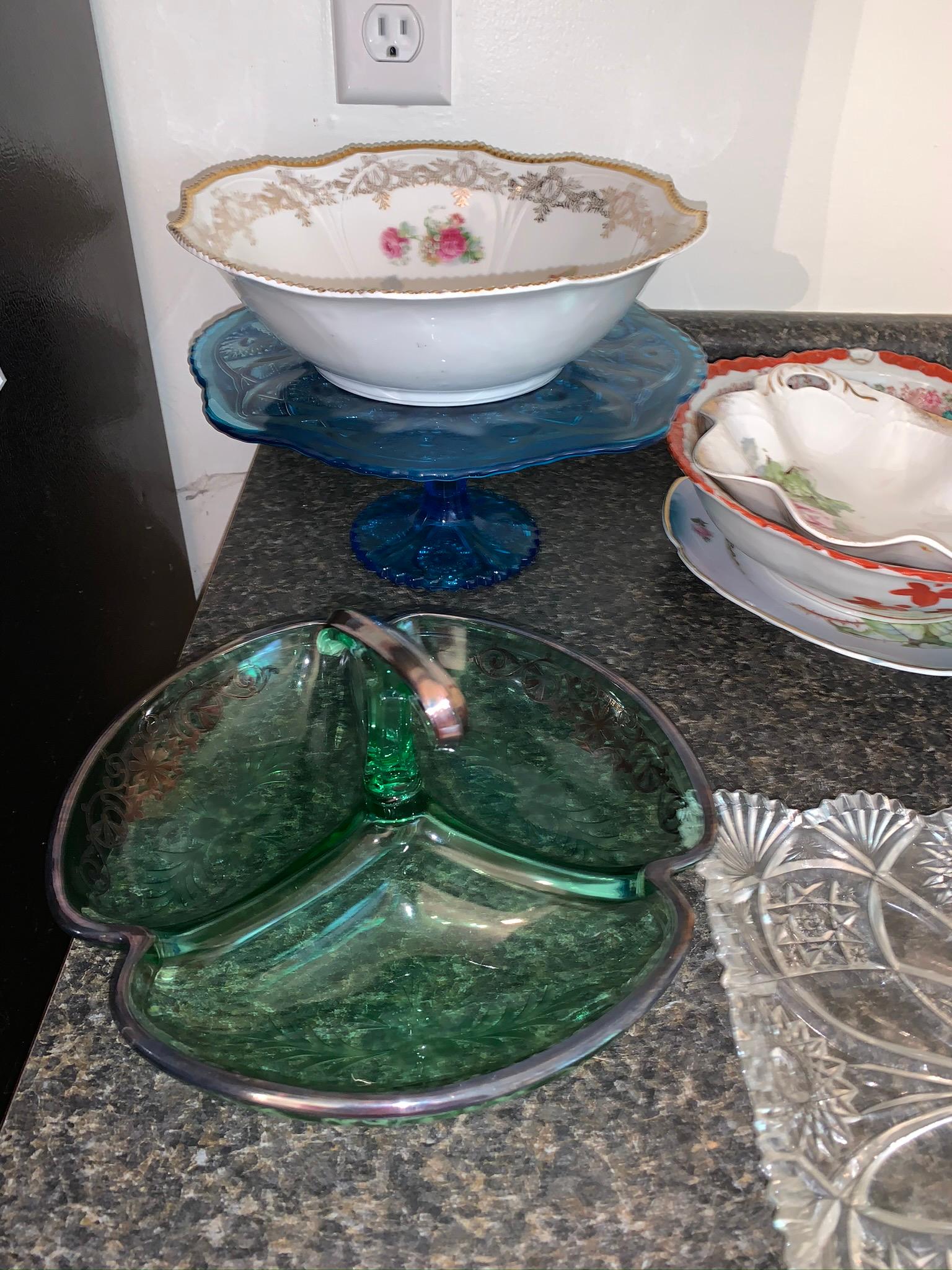 Assorted glassware, step stool, and flatware