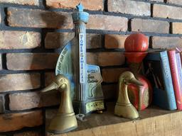 Mantle lot - Books, Decanters, Brass Geese Bookends