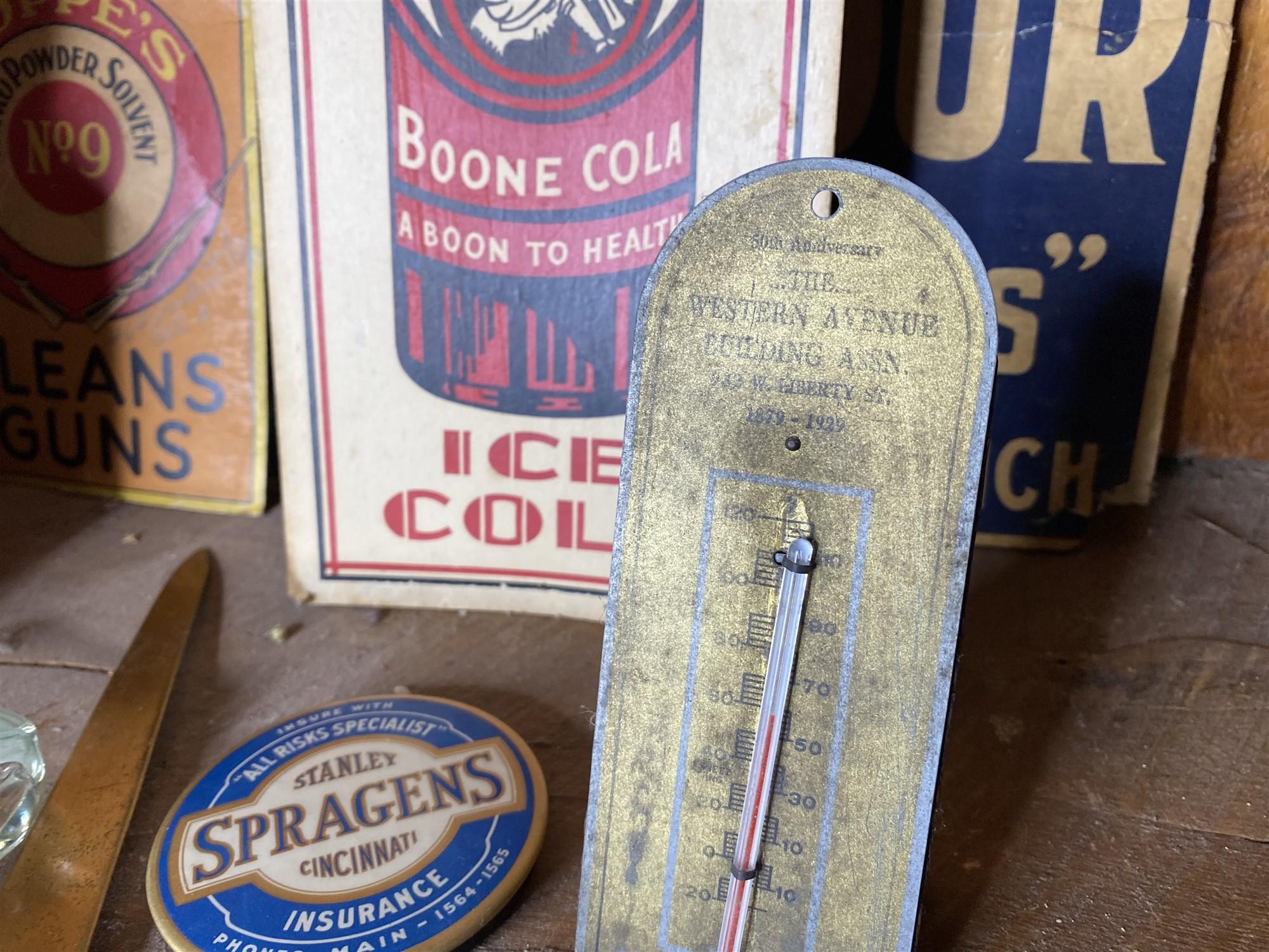 Group lot of assorted antique advertising items, tins