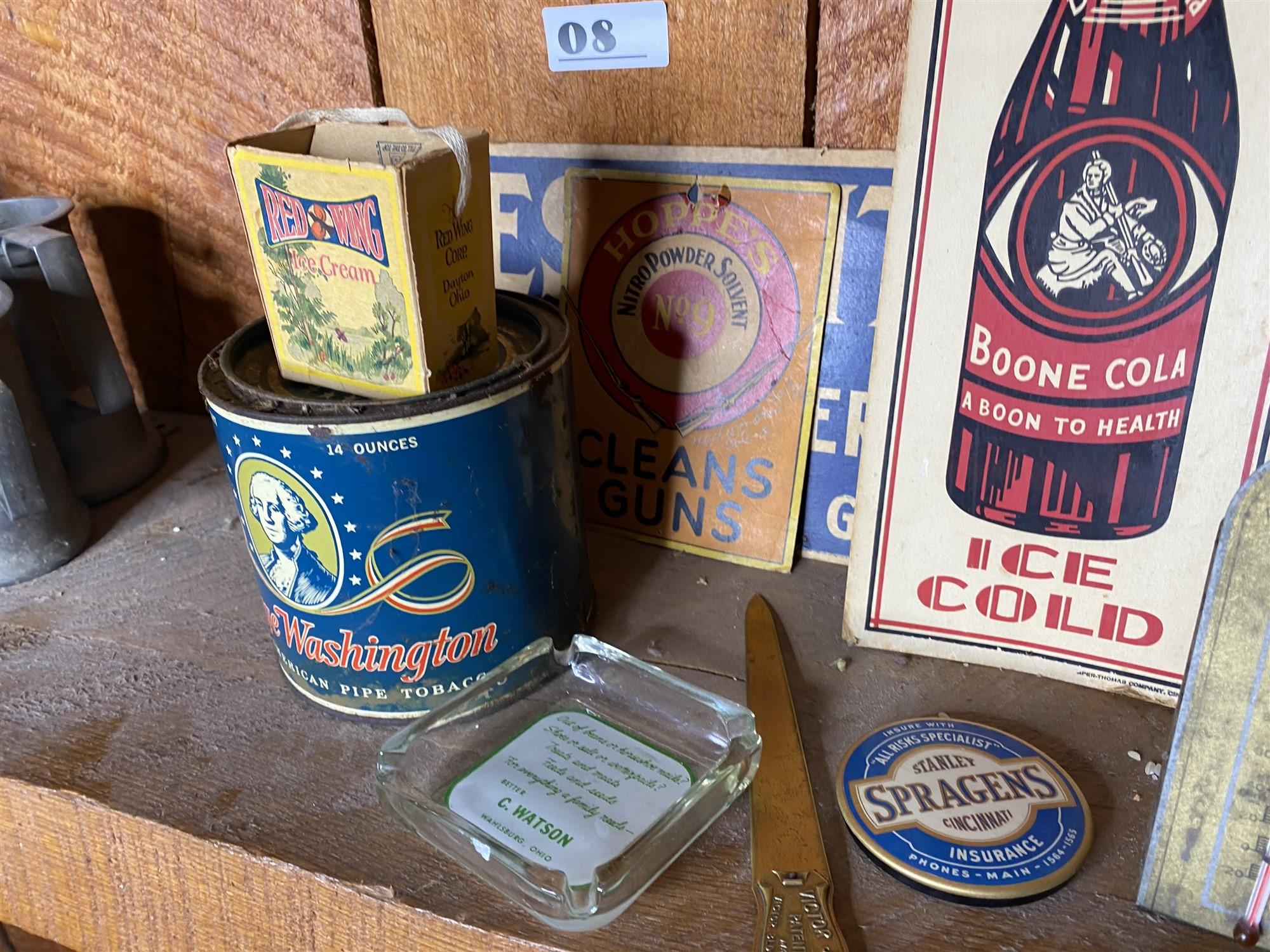 Group lot of assorted antique advertising items, tins