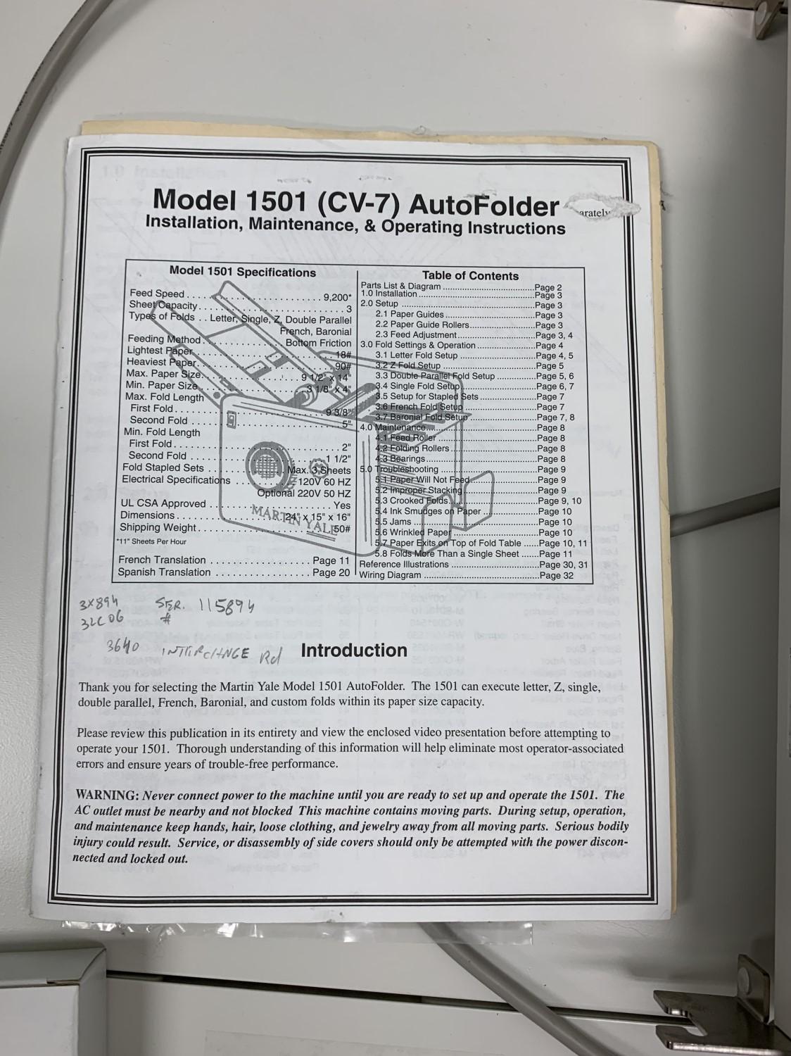 MBM Corp Model 1800S Auto Air Suction Paper Folder.  Manuals and VHS included (Approximately $7K new