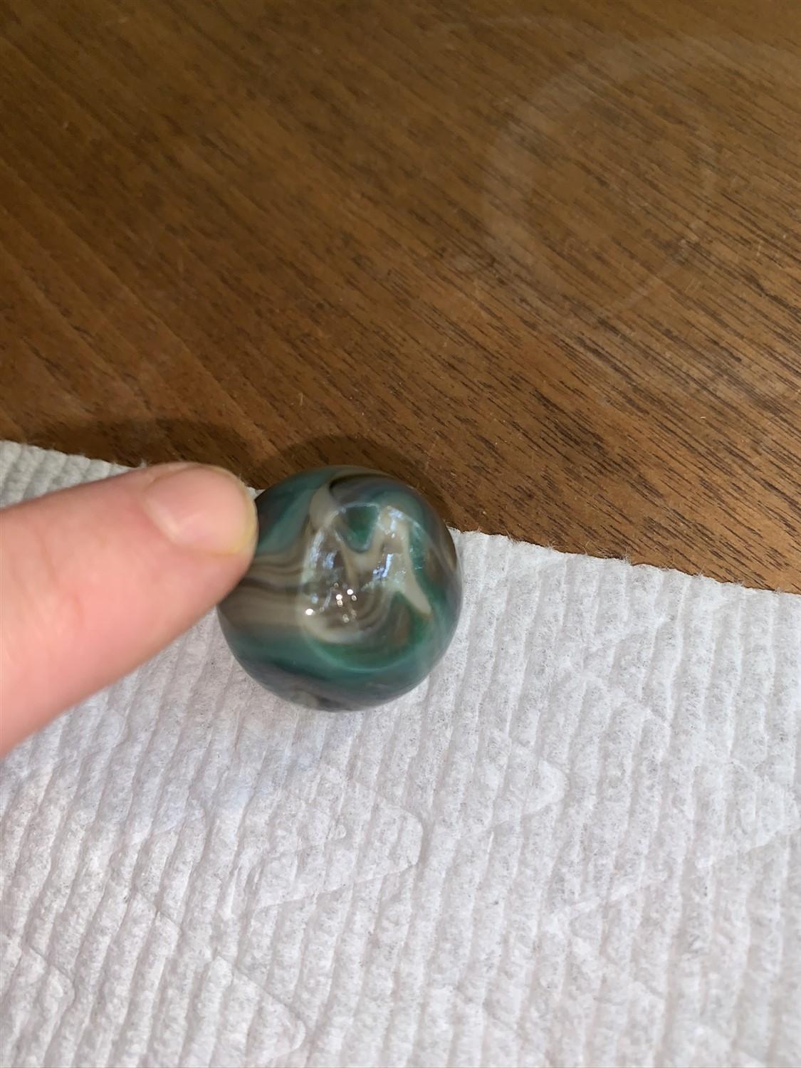 Unique Vintage Handmade Marbles - Small Chip in Green Swirl Marble