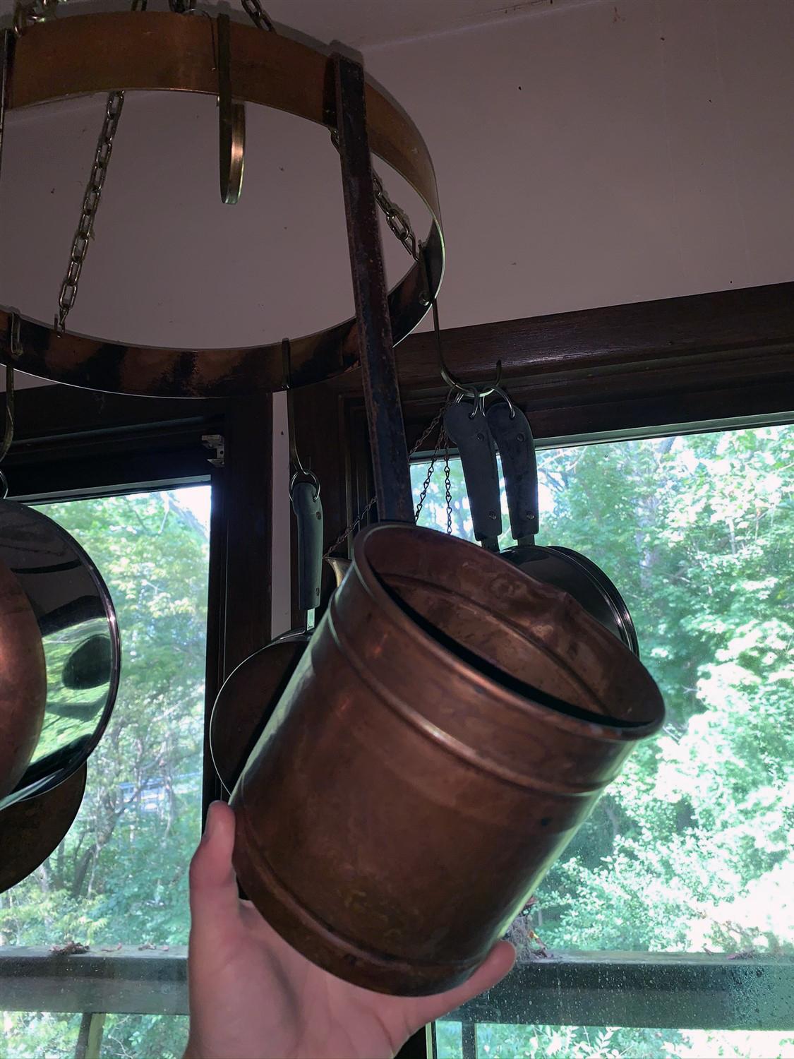 Revere Ware Copper Bottom Pots and Copper Hanging Pot Rack 16" Circumference