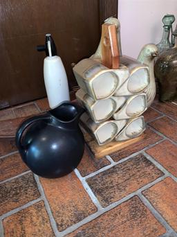 Hull Pottery, Padilla Stoneware mugs with stand, Glass Birds, Coco Palm Tray, Chase Wood Snack Dishe