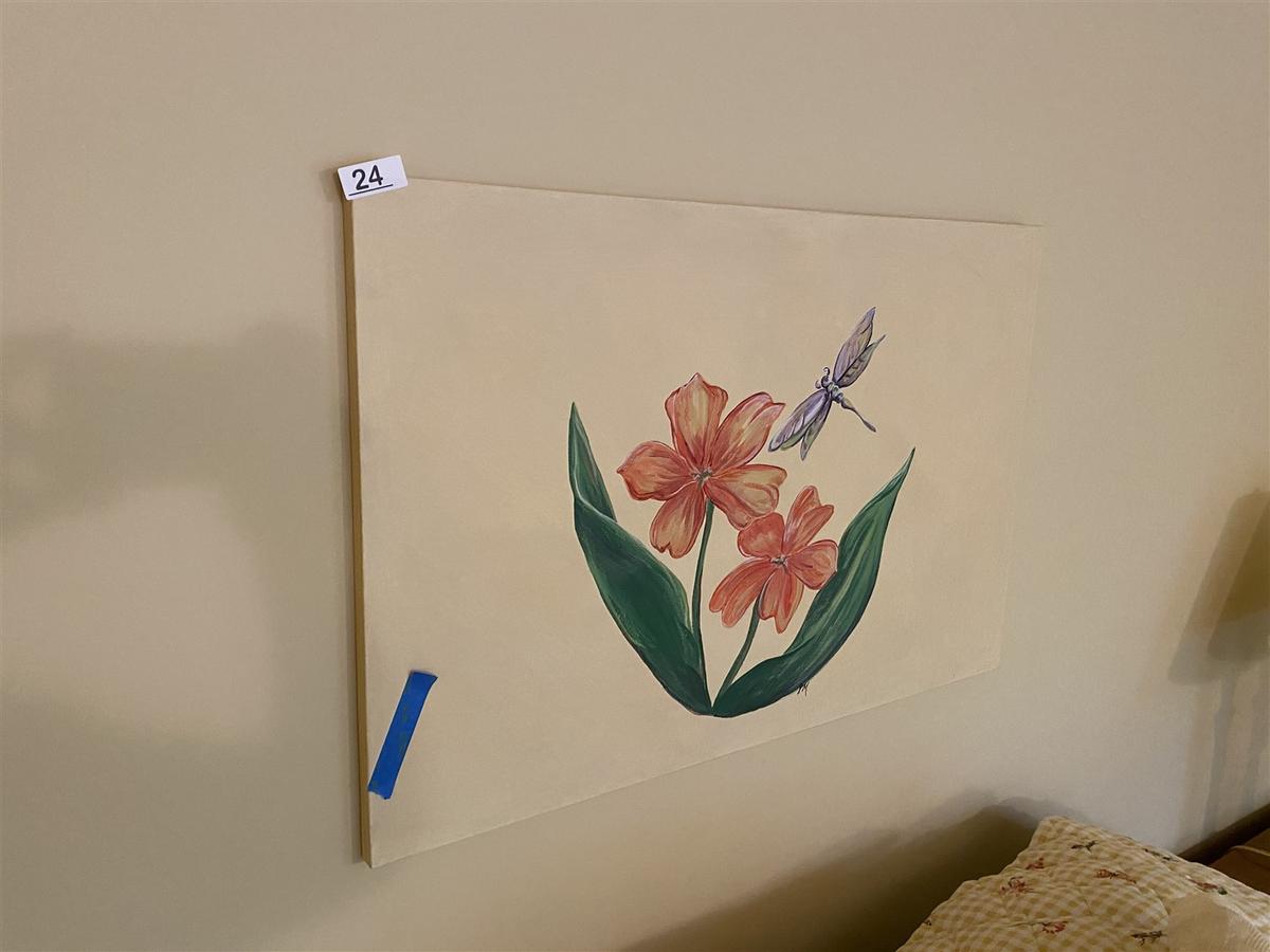 Painting over bed - Dragonfly and Flowers