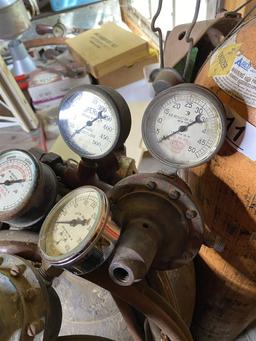 3 Welding tanks with assorted gauges, regulators, accessories etc