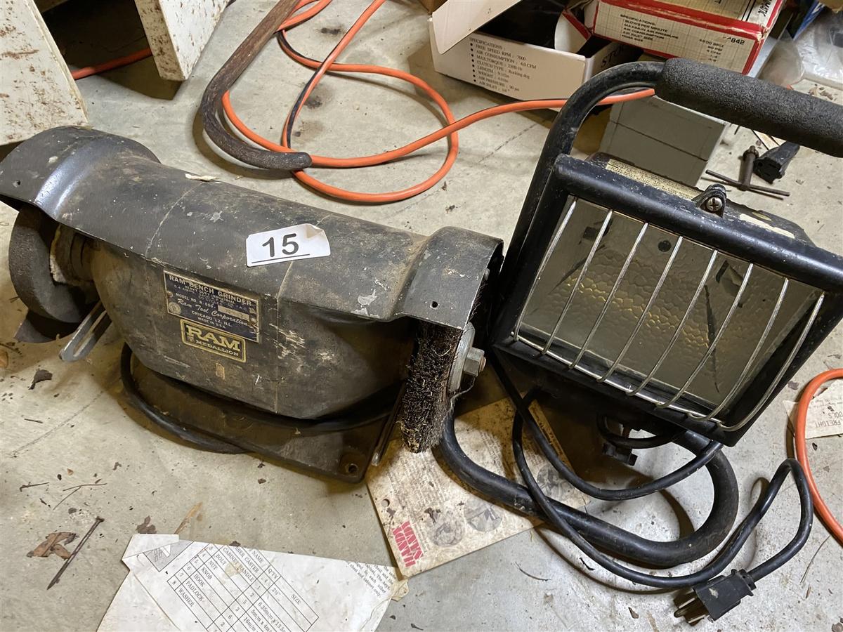 Work Light and Vintage Ram Bench Grinder with Brush