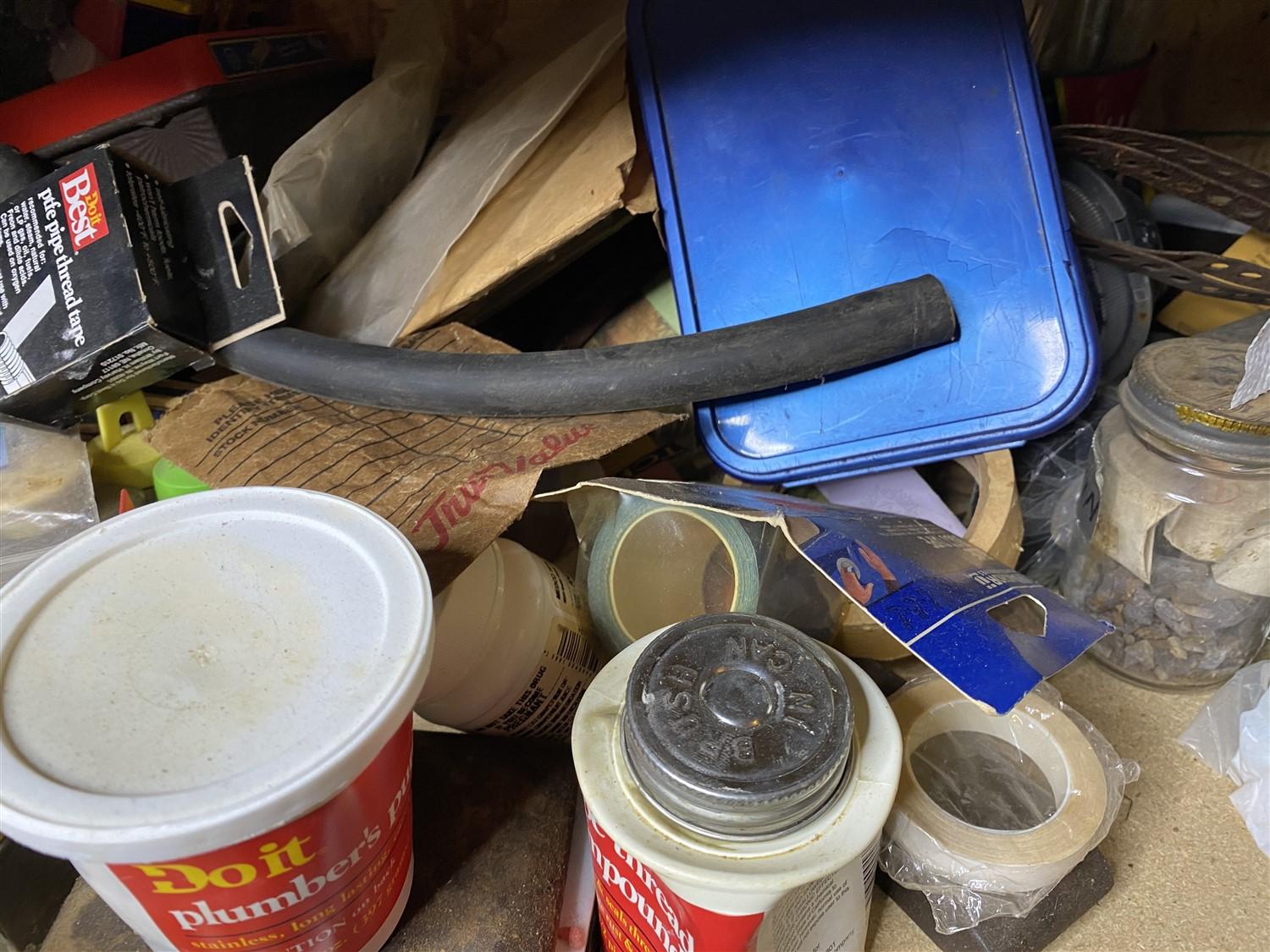 Large lot - contents of 2 shelves old tools and hardware