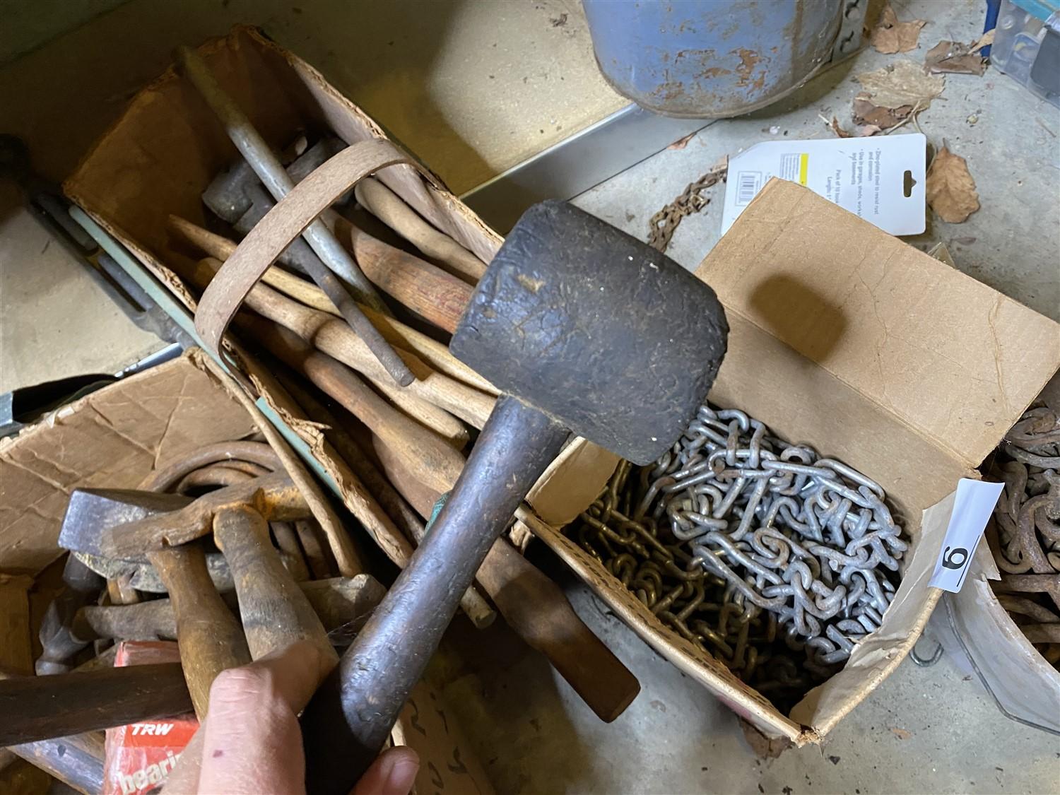 Lot of old hammers, mallets, chain and more
