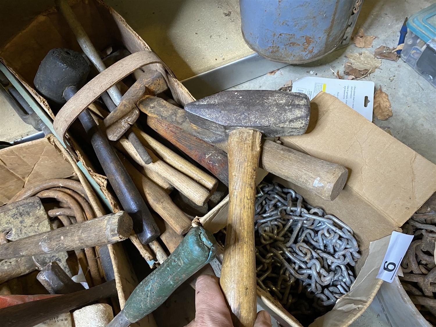 Lot of old hammers, mallets, chain and more