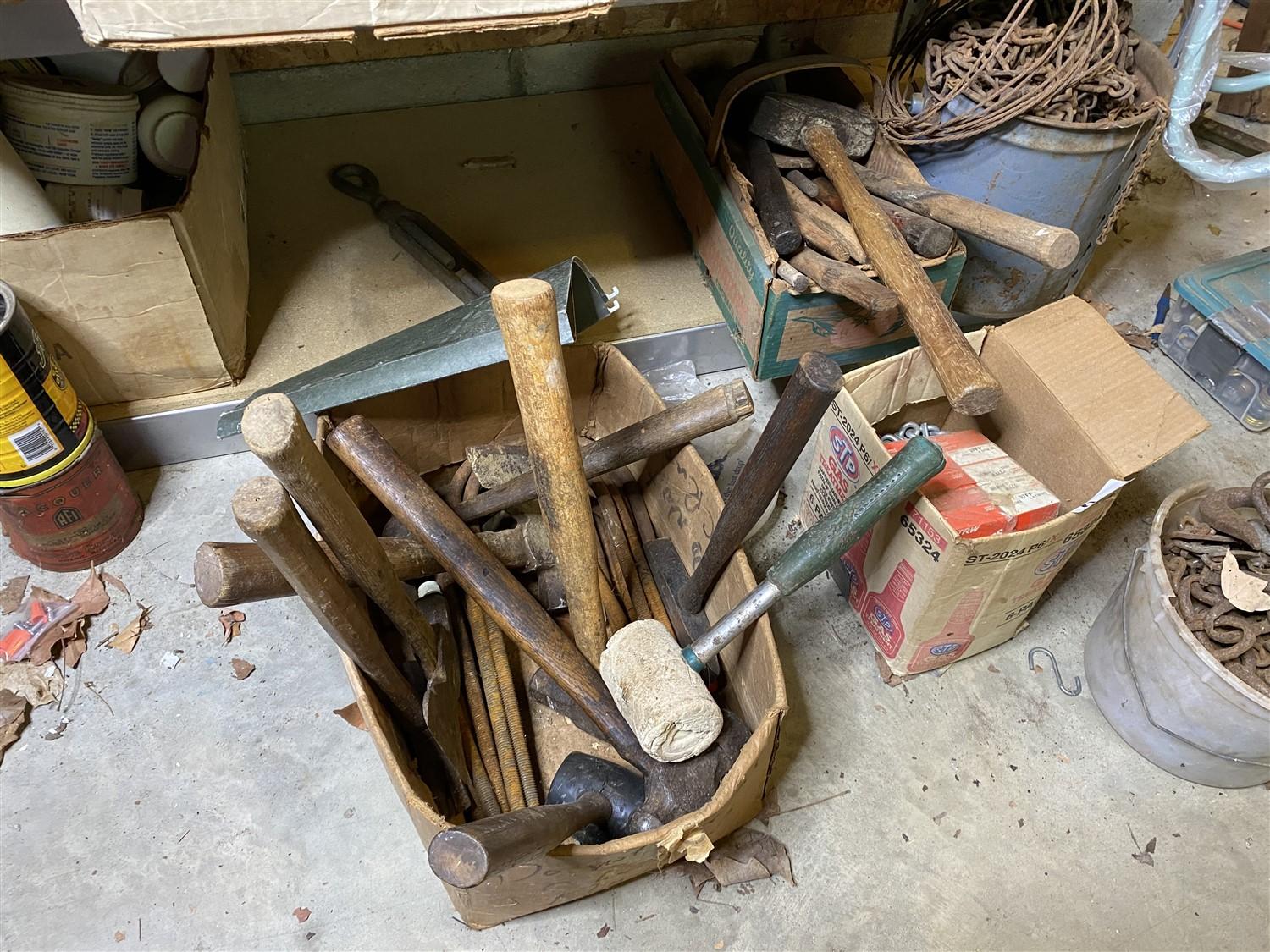 Lot of old hammers, mallets, chain and more