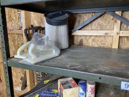 Metal shelf and contents - old tools, saws etc