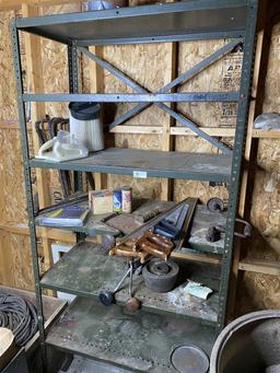 Metal shelf and contents - old tools, saws etc