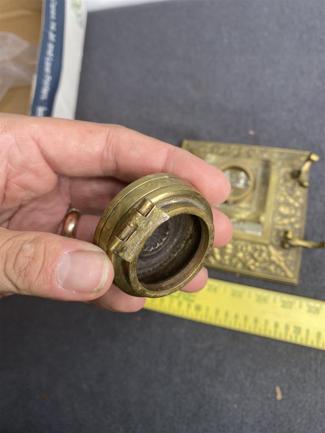 Nice Antique Brass Inkwell w/face and foliate design