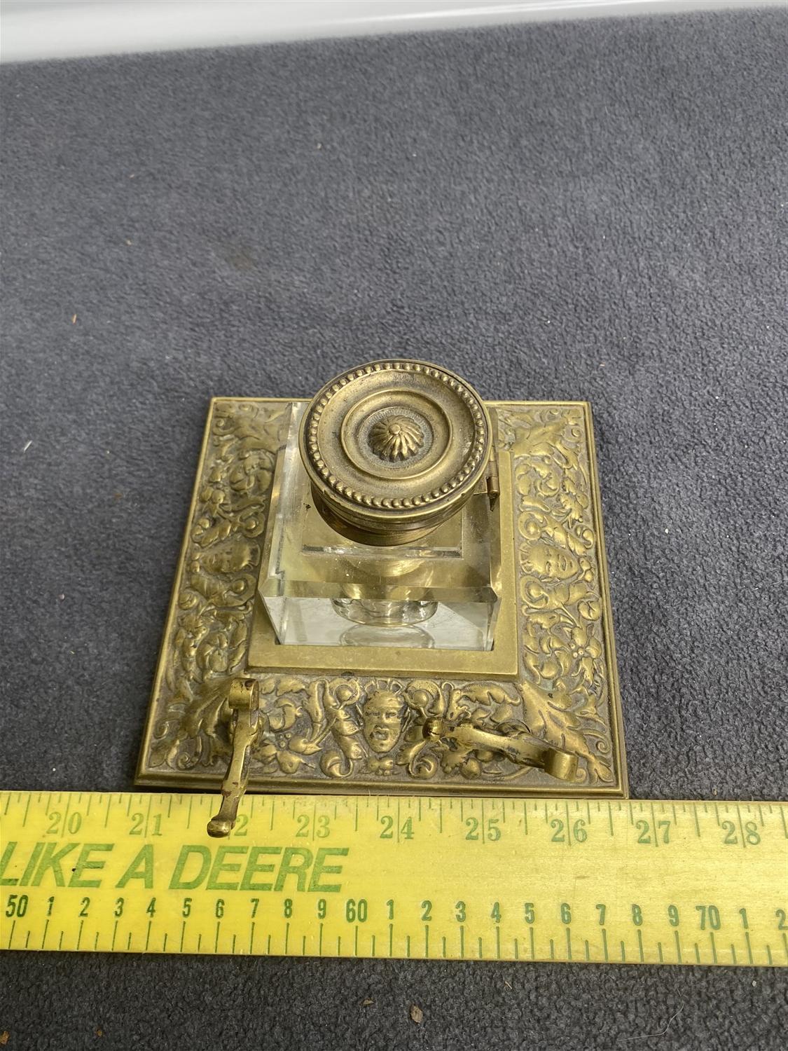 Nice Antique Brass Inkwell w/face and foliate design