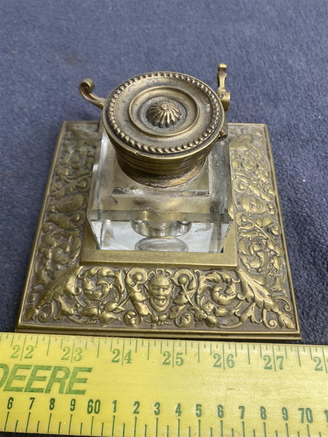 Nice Antique Brass Inkwell w/face and foliate design