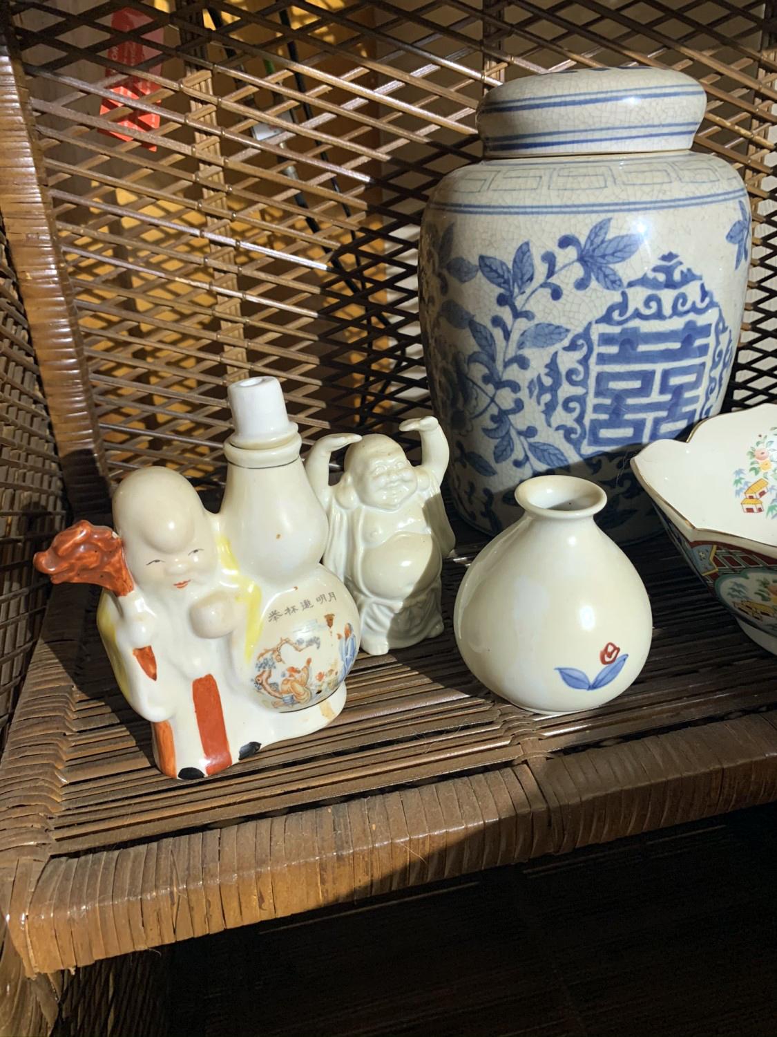 Wicker Shelf with Contents - Ginger jars, Oriental style figures and glassware