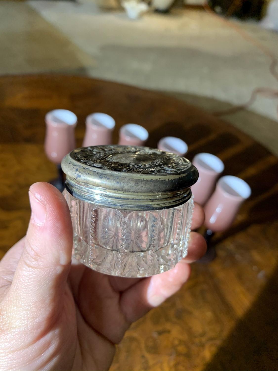 Sterling lid and glass ring jar and 6 cordial glasses